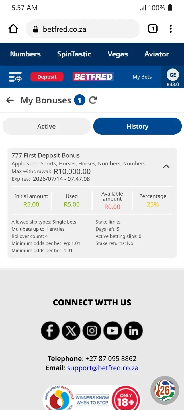 Betfred 1st deposit bonus progressing by 25% deposite failed wager.