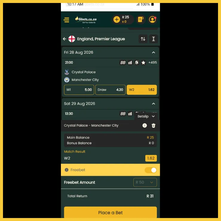 Gbets betslip interface showing an R50 Free Bet placed on Manchester City to defeat Crystal Palace at 1.62 odds with a R31 total return.