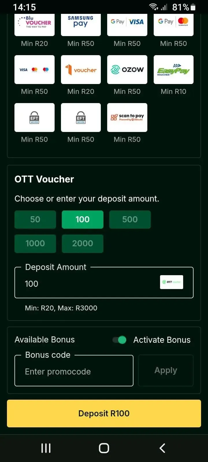 Mzansibet Quick Deposit page showing all avaialbe payment methods, buttons for deposit amount, Bonus Code field and deposit button