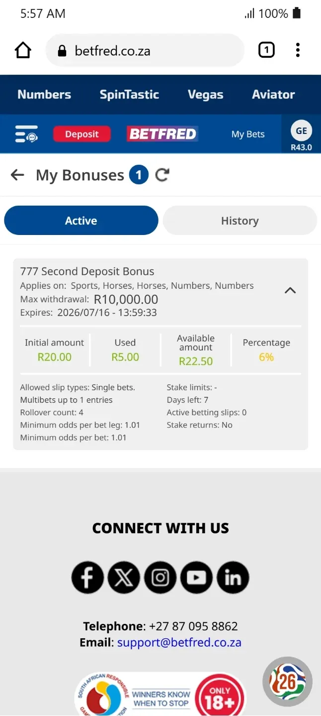 2nd Betfred sign up bonus progressing by 6% after successful wager.