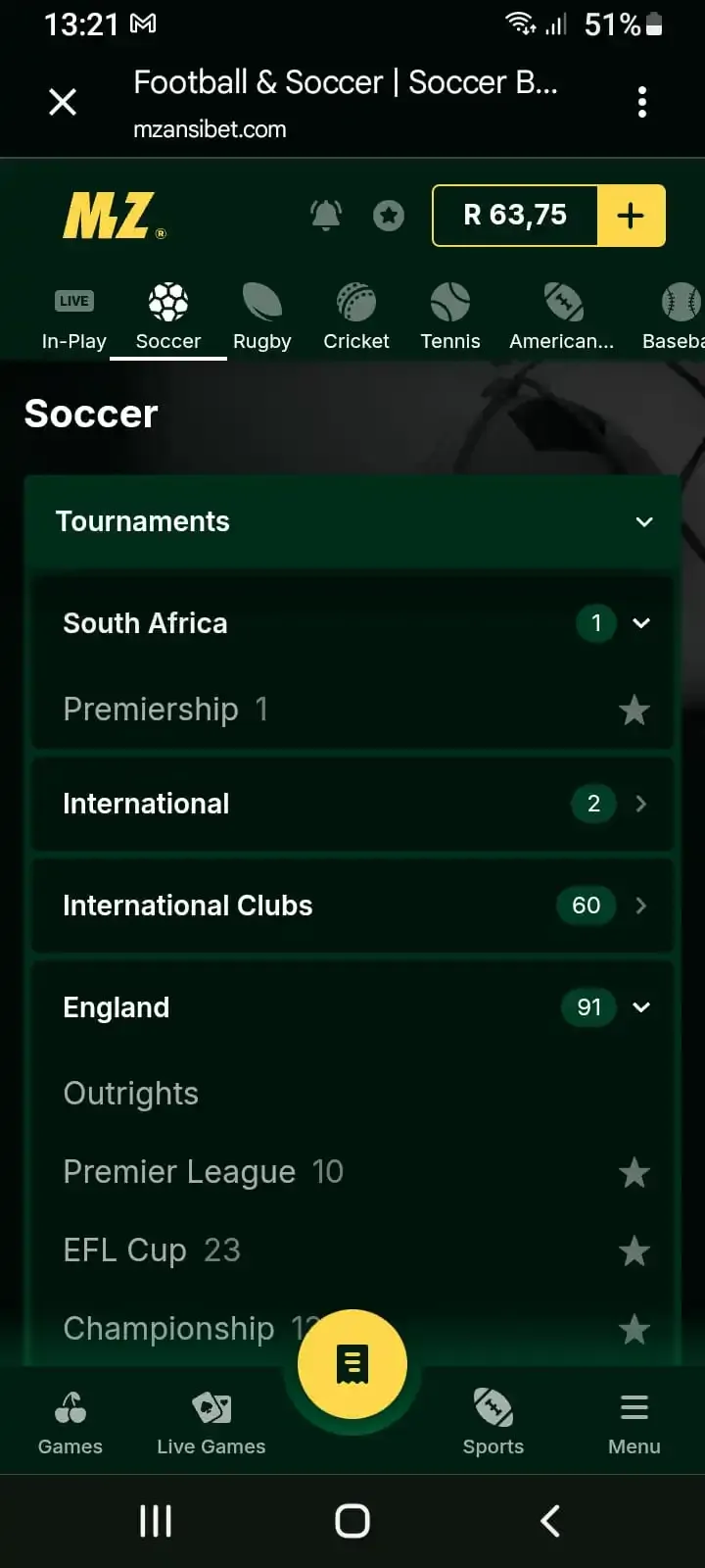 Mzansibet soccer tournament filter showing leagues South Africa Premiership and English Premier League