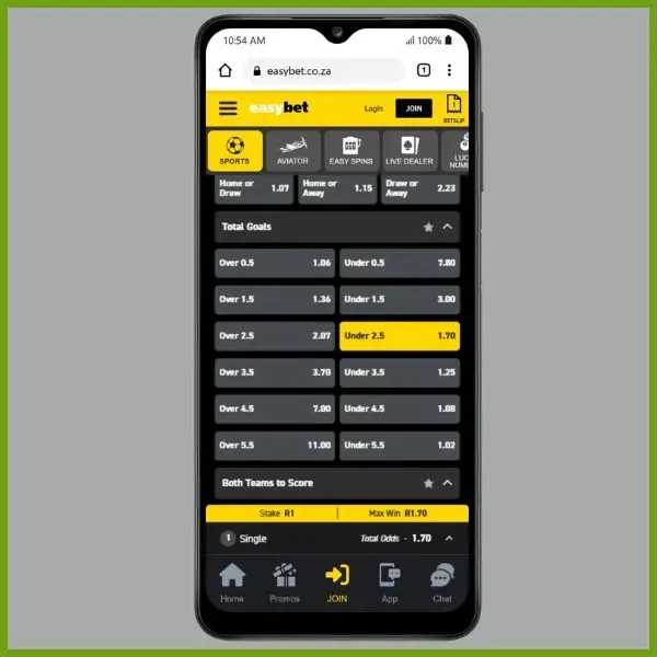 Screenshot of Total Goals market on Easybet sportsbook illustrating the under 2.5 goals meaning when selected.