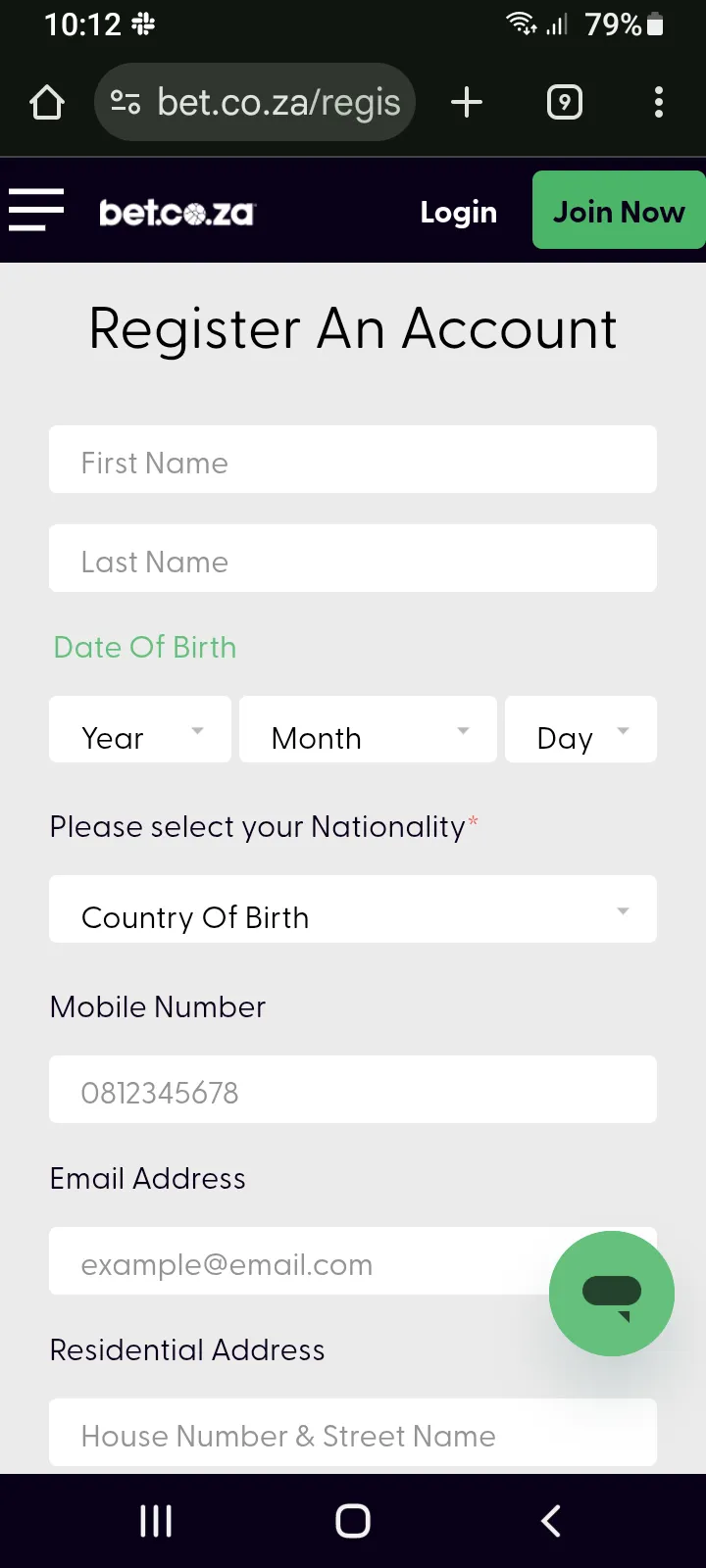 Bet.co.za Review Registration 1

Provide your name, email, date of birth, nationality, Username and password.