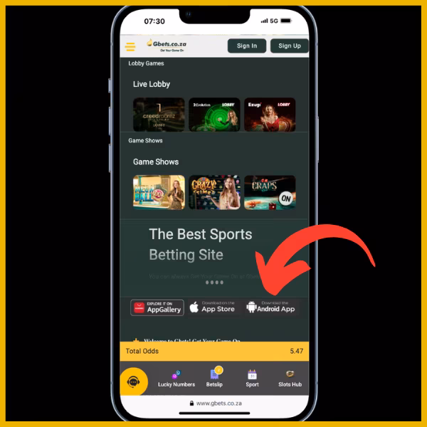 Red arrow pointing to Android App download link on Gbets home page