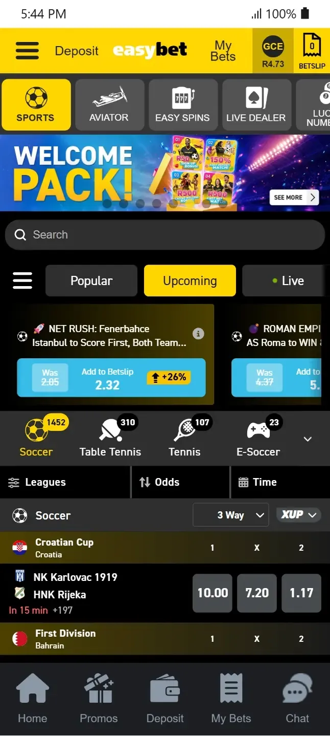 Easybet mobile sports betting lobby showing soccer markets and promotions on new online sports betting sites