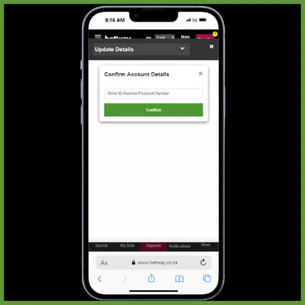 Betway login confirm account details