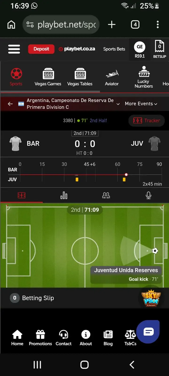 Playbet 2D Match Tracker for CS Barracas Reseve vs Juventud Unida Reserve
