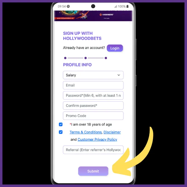 Hollywoodbets app sign up process step 5