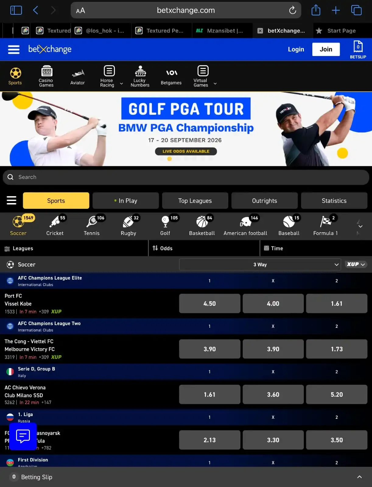 BetXchange website homepage opened in Safari browser on tablet displaying the Golf PGA Tour banner, top navigation bar, and live soccer match odds.