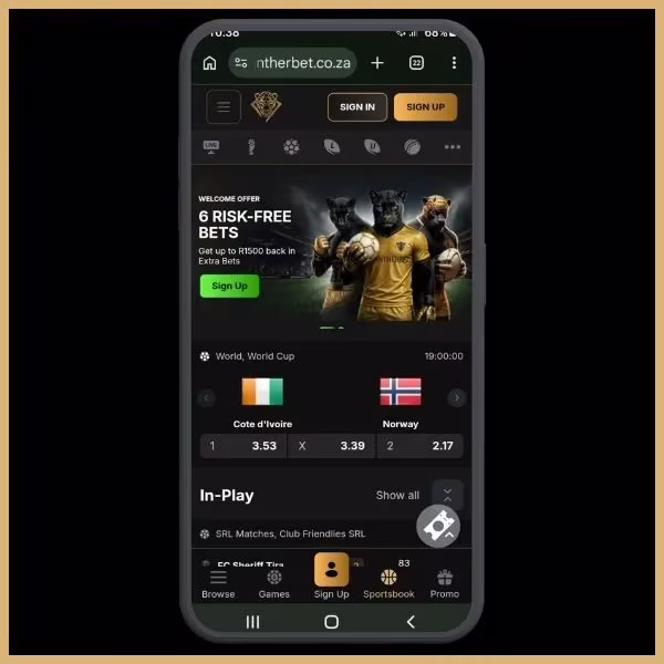 Pantherbet sign up step 1: Homepage with Sign Up and Sign In butons on the top right.