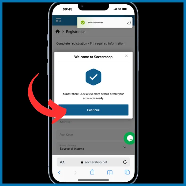 Red arrow pointing to continue sign-up process on Soccernet site