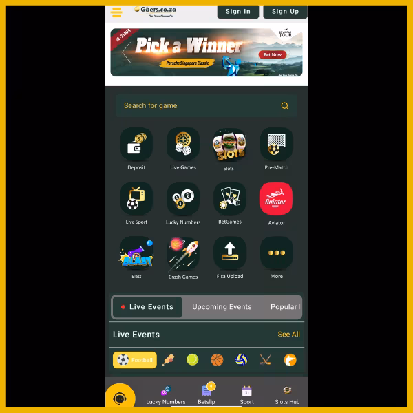 Gbets app homepage