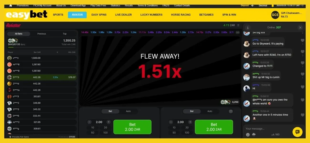 Easybet Aviator page on the destop site showing a multiplier of 1.51x.