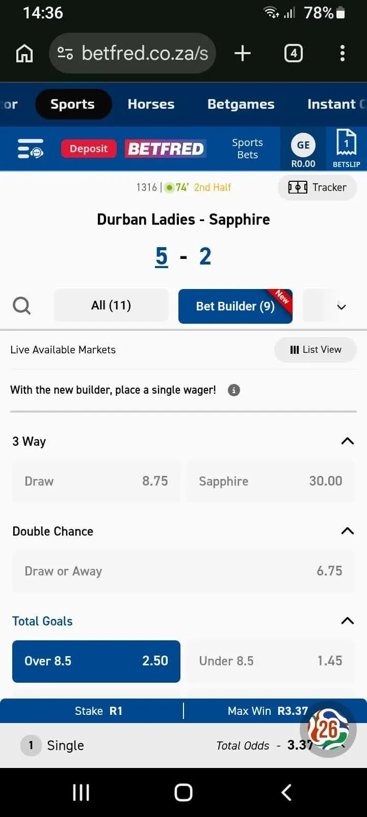 Betfred Bet Builder bet slip for Durban Ladies vs Sapphire with Over 8.5 goals selected.
