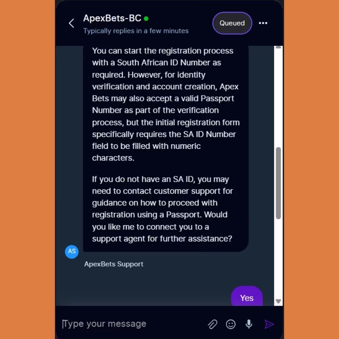 Apexbets Live Chat test part two showing continued bot response and option to speak to human emotion