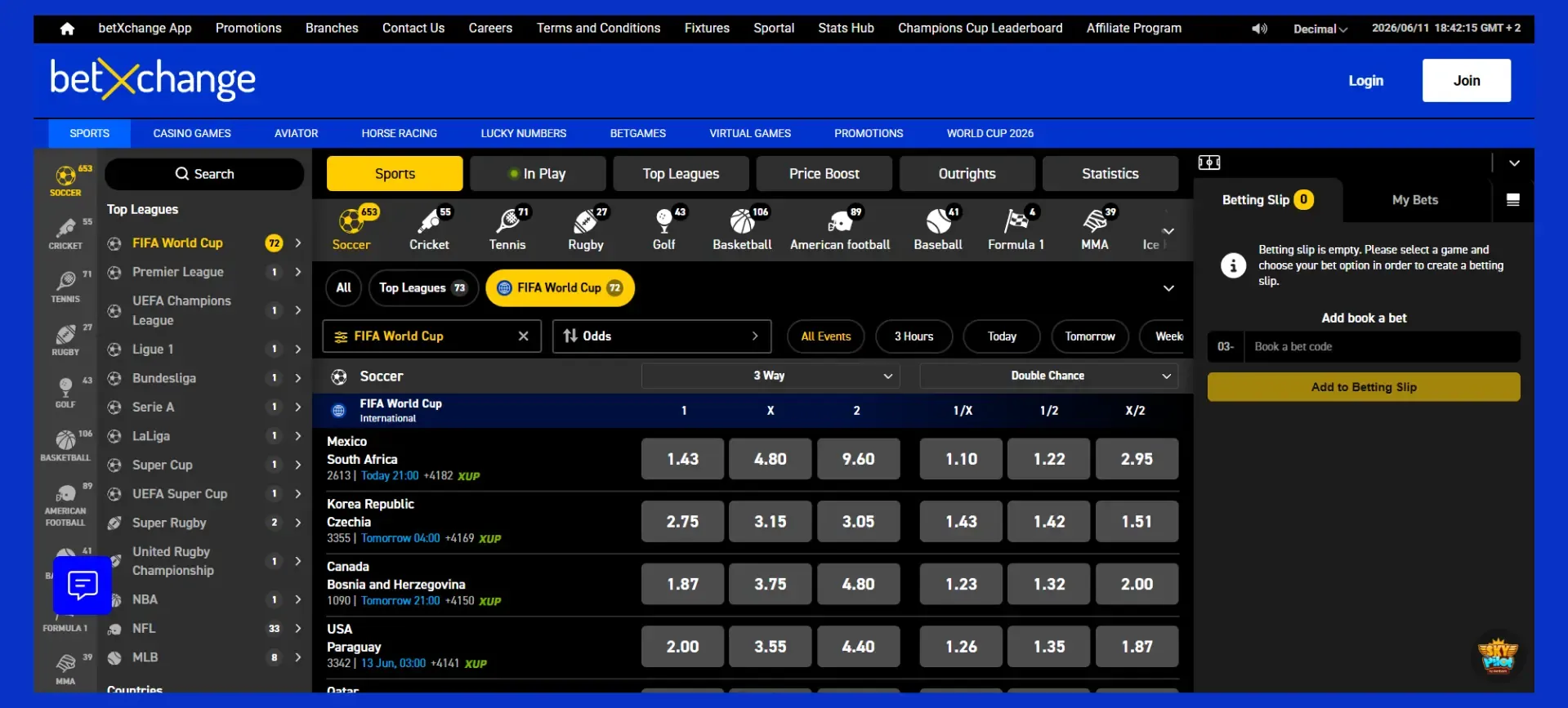 Sportsbook screenshot showing 2026 World Cup matches for BetXchange review.
