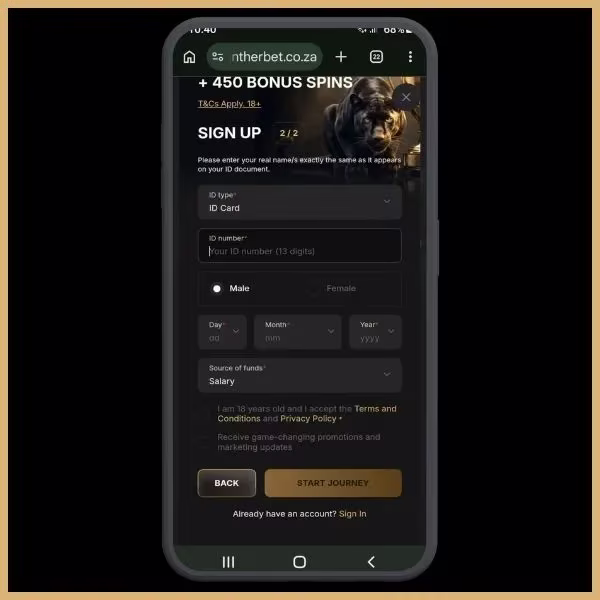 Pantherbet sign up step 4: Second page of sign up form asking for ID type & no, gender, date of birth and source of funds.