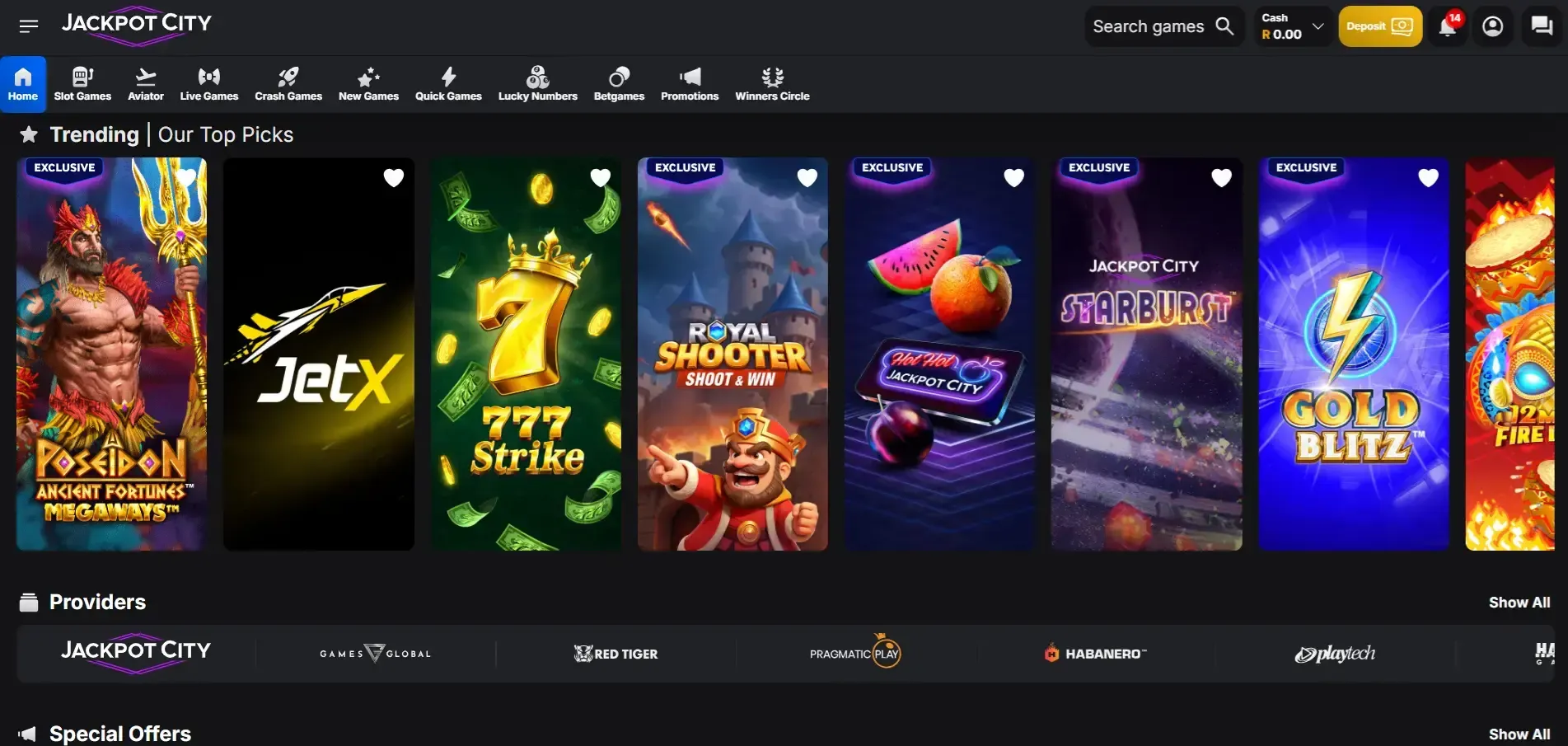 Jackpot City homepage with tabs for Slot Games, Aviator, Live Games, Crash games, Quick Games, Lucky Numbers, Betgames, Promotions, and Winners Circle.