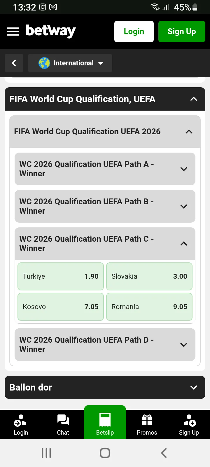 Betway World Cup Qualifier Group C Odds

Shows the following World Cup odds:
- T&uuml;rkiye (1.90)
- Slovakia (3.00)
- Kosovo (7.05)
- Romania (9.05)