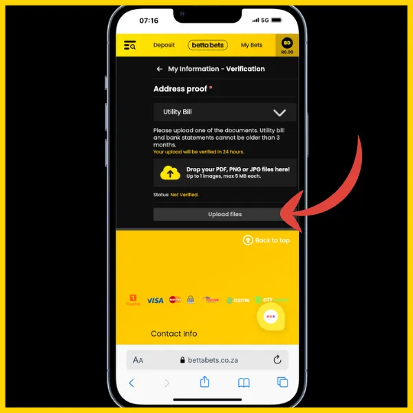Bettabets FICA process. Red arrow pointing to the Upload Files button. 