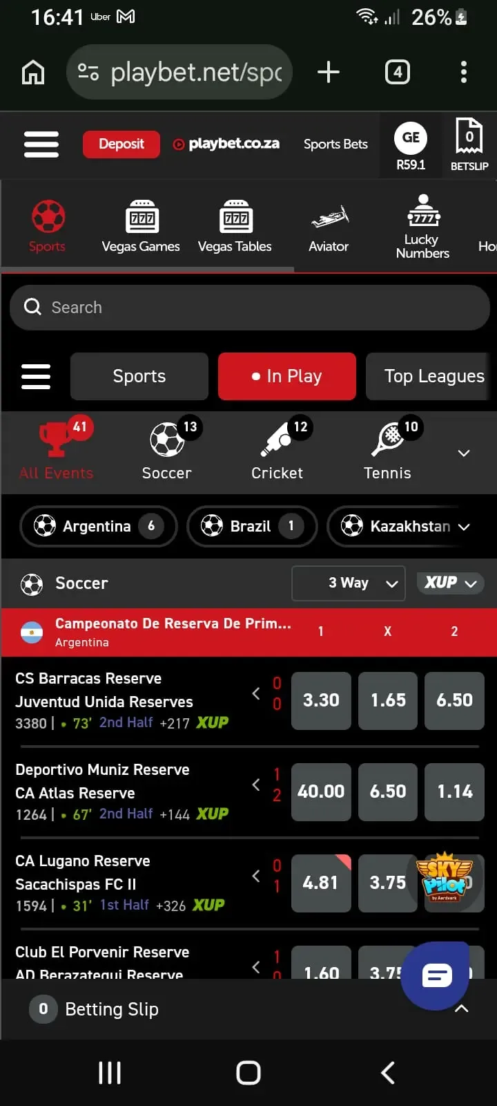 Playbet In Play tab with active fixtures and updating odds.