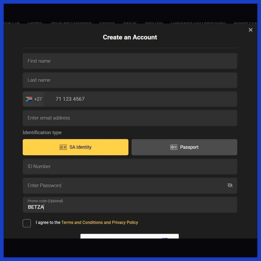 Betxchange Sign Up Step 2 asking your details: first & last name, email, phone no., ID/Passport no., password & promo code.