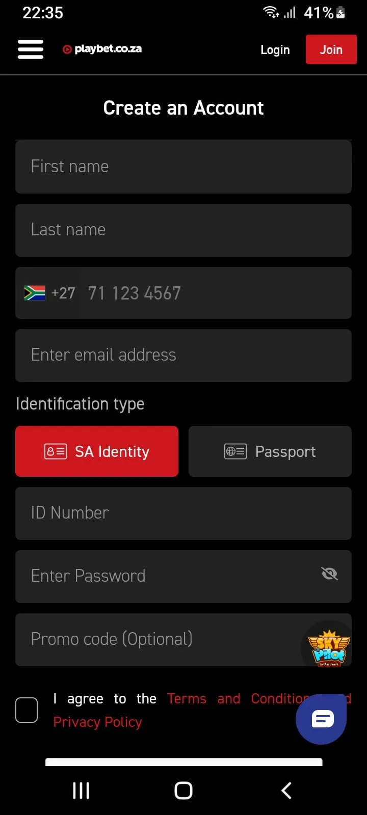  Playbet mobile account registration screen showing input fields for first name, last name, mobile number, SA Identity or Passport selection, ID number, password, and promo code.