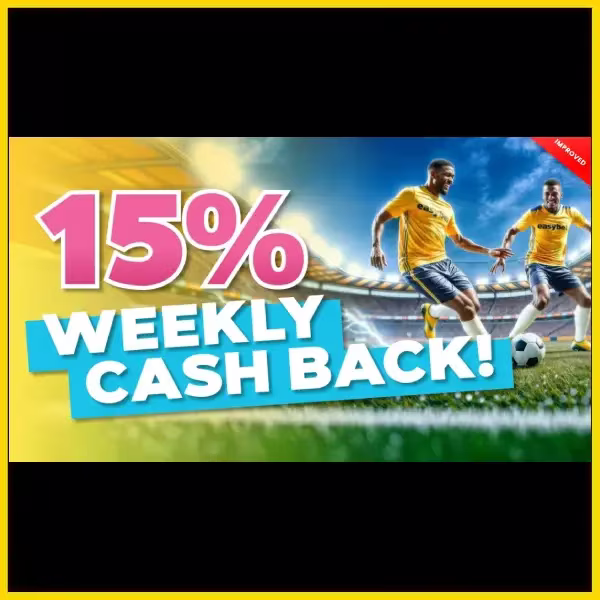 Easybet 15% Weekly Cashback banner showing two footballers under bright stadium lights.