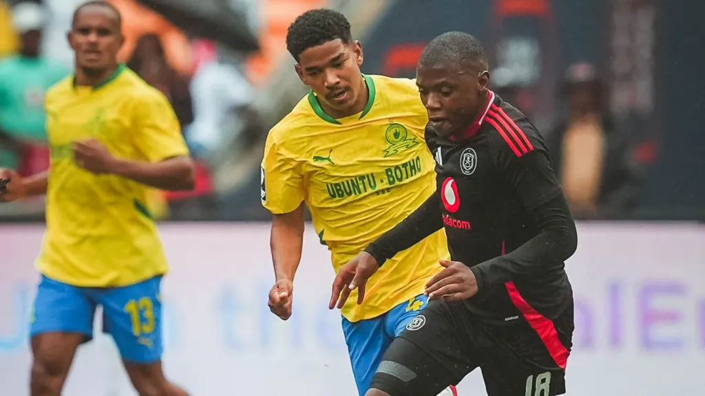 Kabelo Dlamini of Orlando Pirates and Jayden Adams of Mamelodi Sundowns. Photo – Orlando Pirates