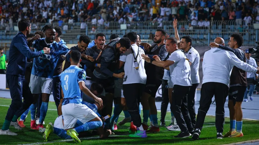 Pyramids players celebrate a goal against Mamelodi Sundowns. Photo &ndash; Imago