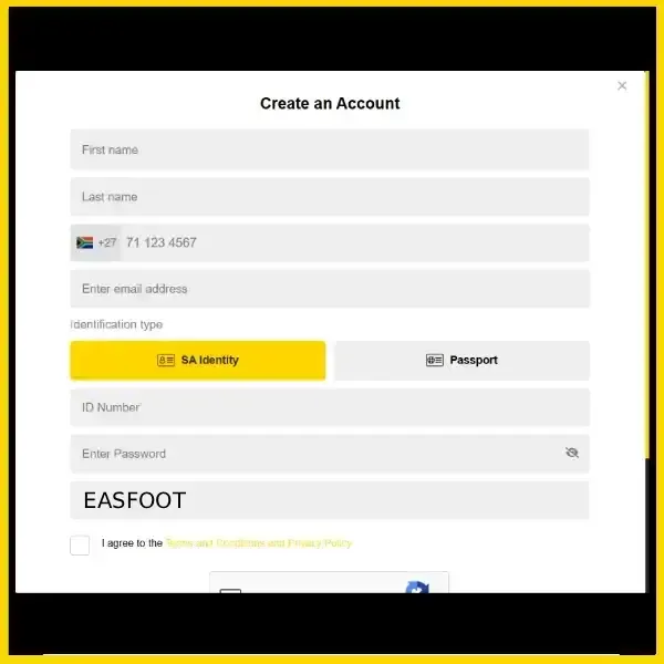 Easybet registration form with EASFOOT promo code entered.