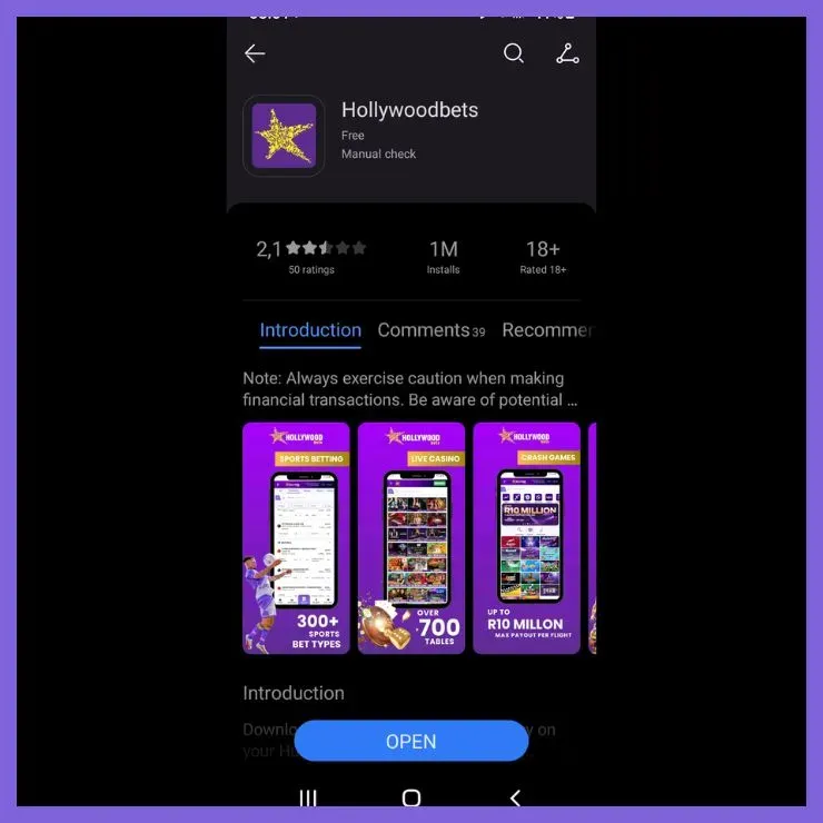 Huawei AppGallery page to install Hollywoodbets App.