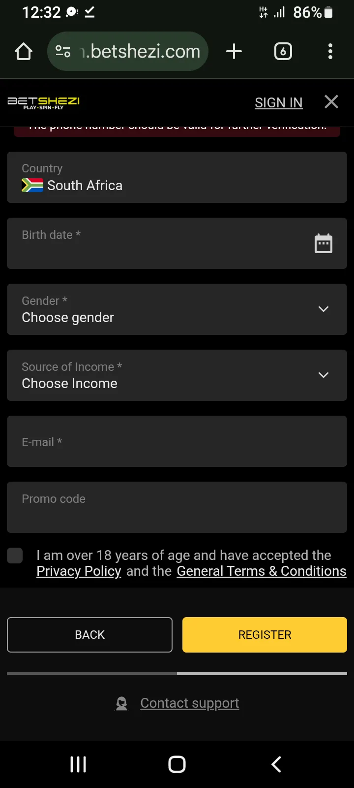 Screenshot of Registration Step 2 where the user is asked for their birth date, gender, source of income, Betshezi Promo code and to accept the Ts&Cs