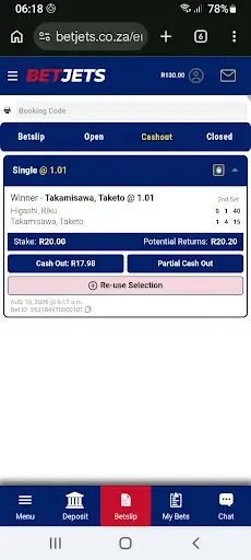 BetJets betslip showing full cashout option and partial cashout option.
