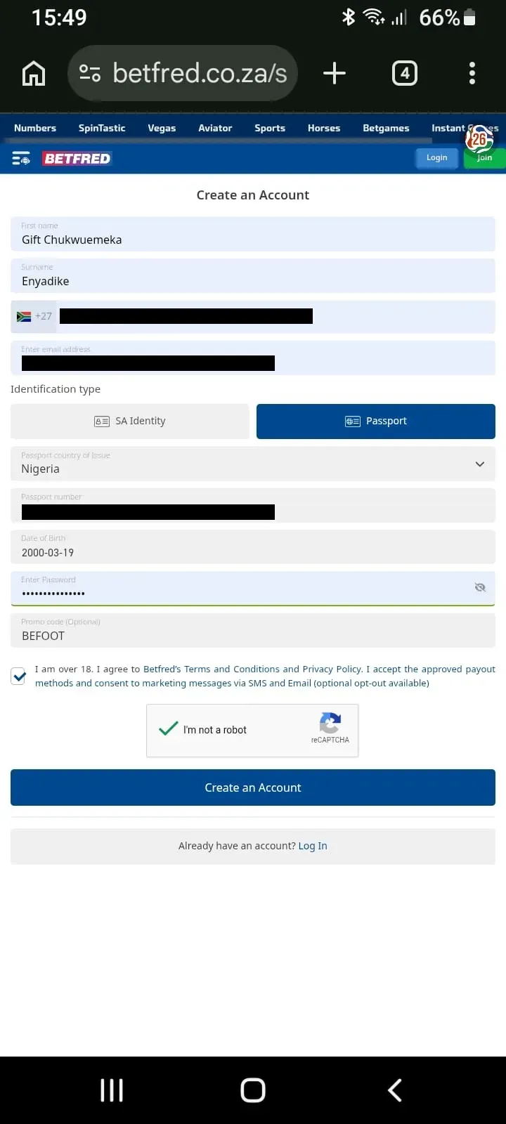 Registration Page asking you to provide your full name, contact info, ID details, password and Betfeed promo code BEFOOT in the designated field.