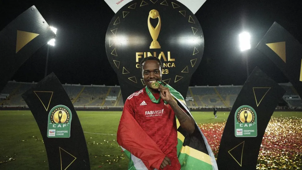 Percy Tau celebrates winning CAF Champions League with Al Ahly. Photo - Al Ahly