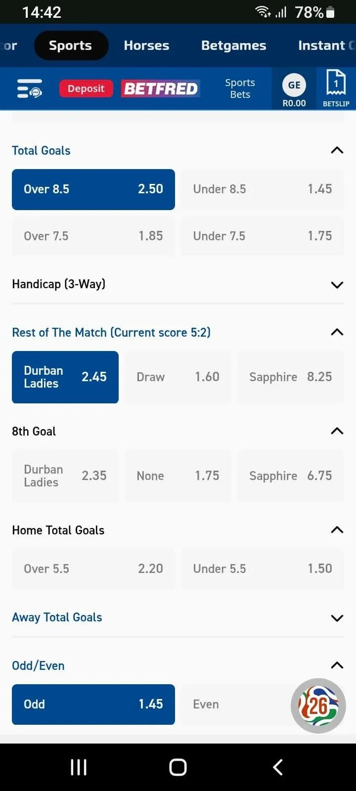 Betfred Bet Builder showing available in-play markets for the Durban Ladies vs Sapphire match, with Durban to win the rest of the match and Odd total goals selected.
