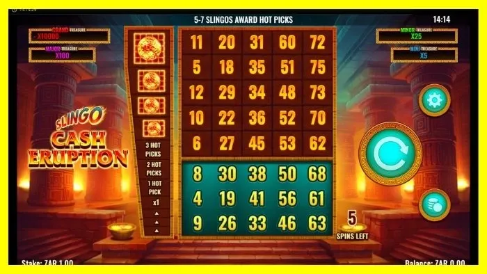 Screenshot of Slingo Cash Eruption, one of the many Slingo (Slot + Bingo) titles on Betway.