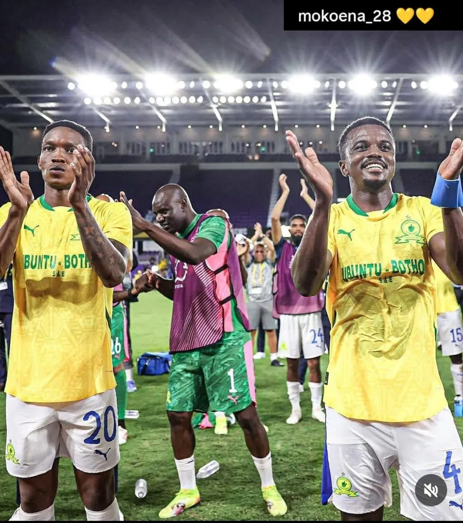 Teboho Mokoena pictured celebrating with teammates after helping Sundowns beat Ulsan