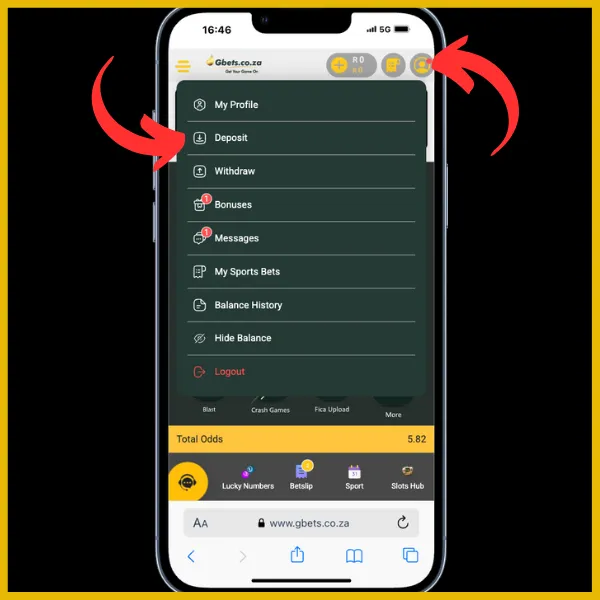 one red arrow pointing to profile icon on the gbets site while another red arrow points to the deposit option