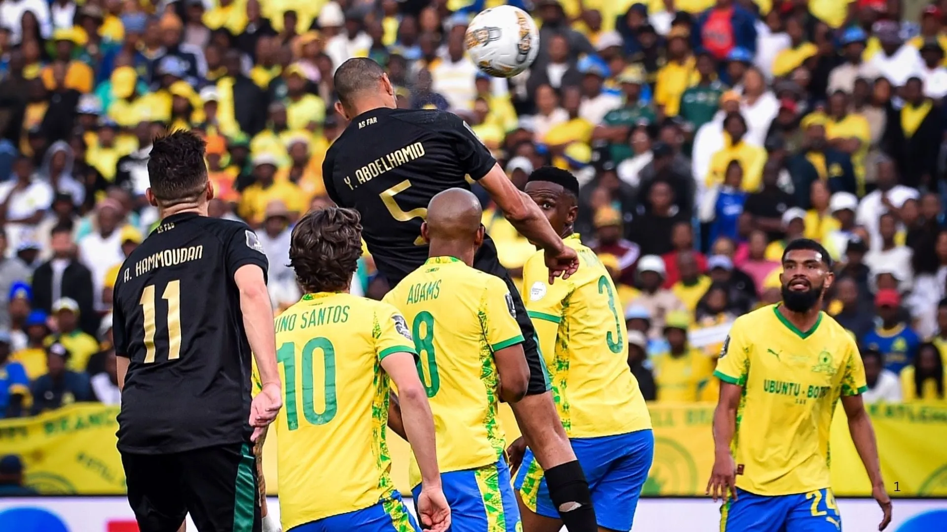 Yunis Abdelhamid of AS FAR heads the ball while playing against Mamelodi Sundowns.