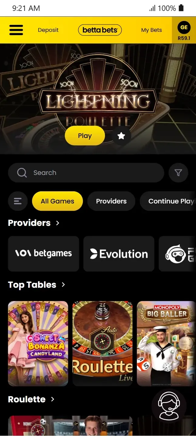 Bettabets Vegas tables showing Sweet Bonanza Candyland, Live Roulette, Monopoly Big Baller.