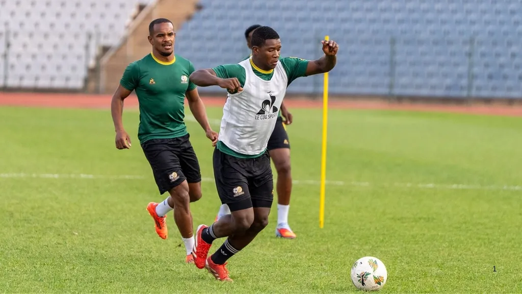 Mbekezeli Mbokazi and Iqraam Rayners in training with Bafana Bafana. Photo SAFA