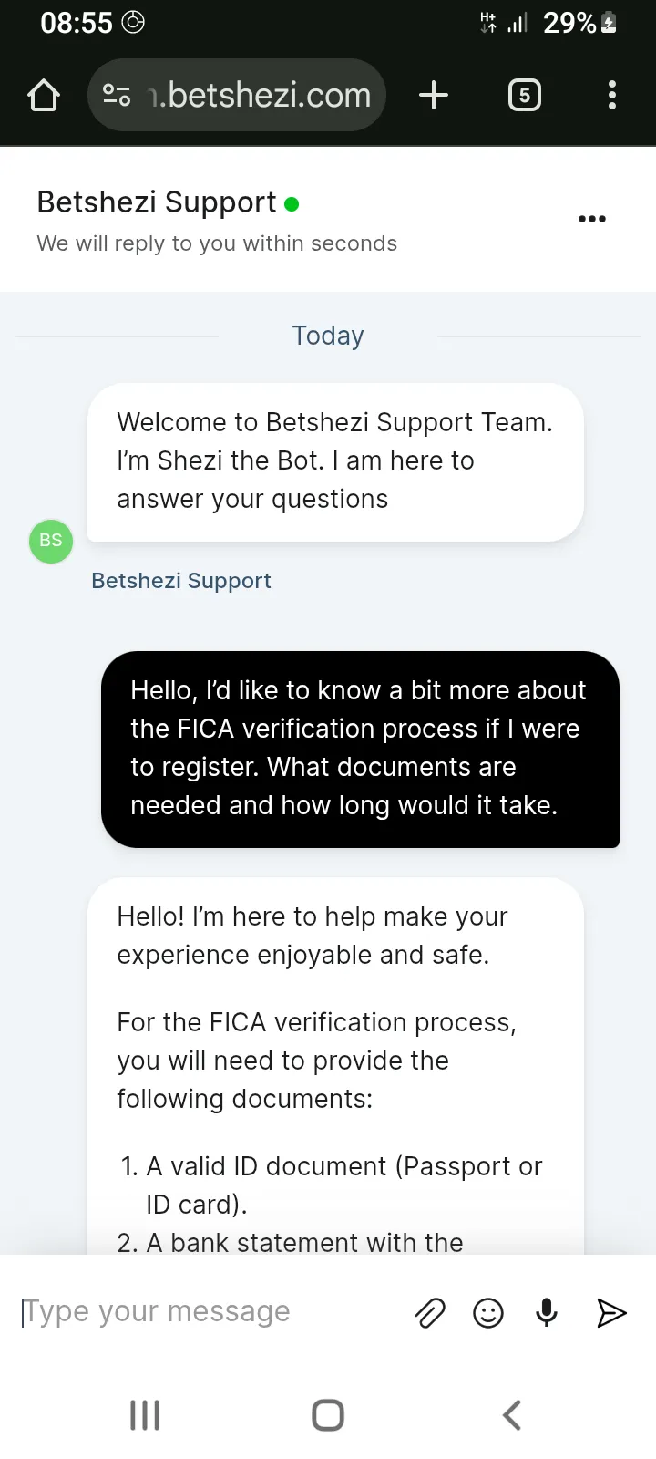 Screenshot of Betshezi Live Chat Support 1