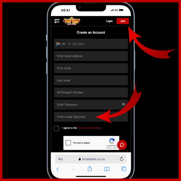 Tictacbets app - upper arrow pointing to Join Now button and bottom arrow pointing to Promo Code field in registration process