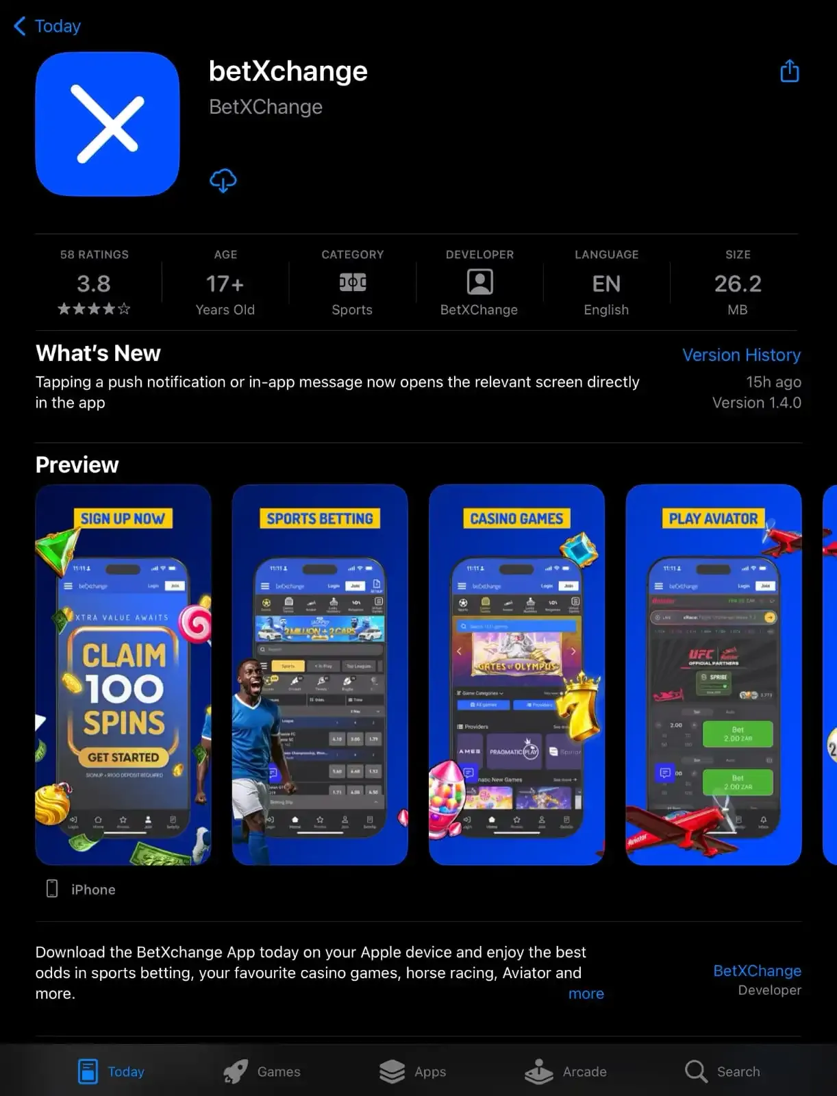 Apple App Store download page for the official BetXchange app showing app ratings, file size, release notes, and preview screenshots.