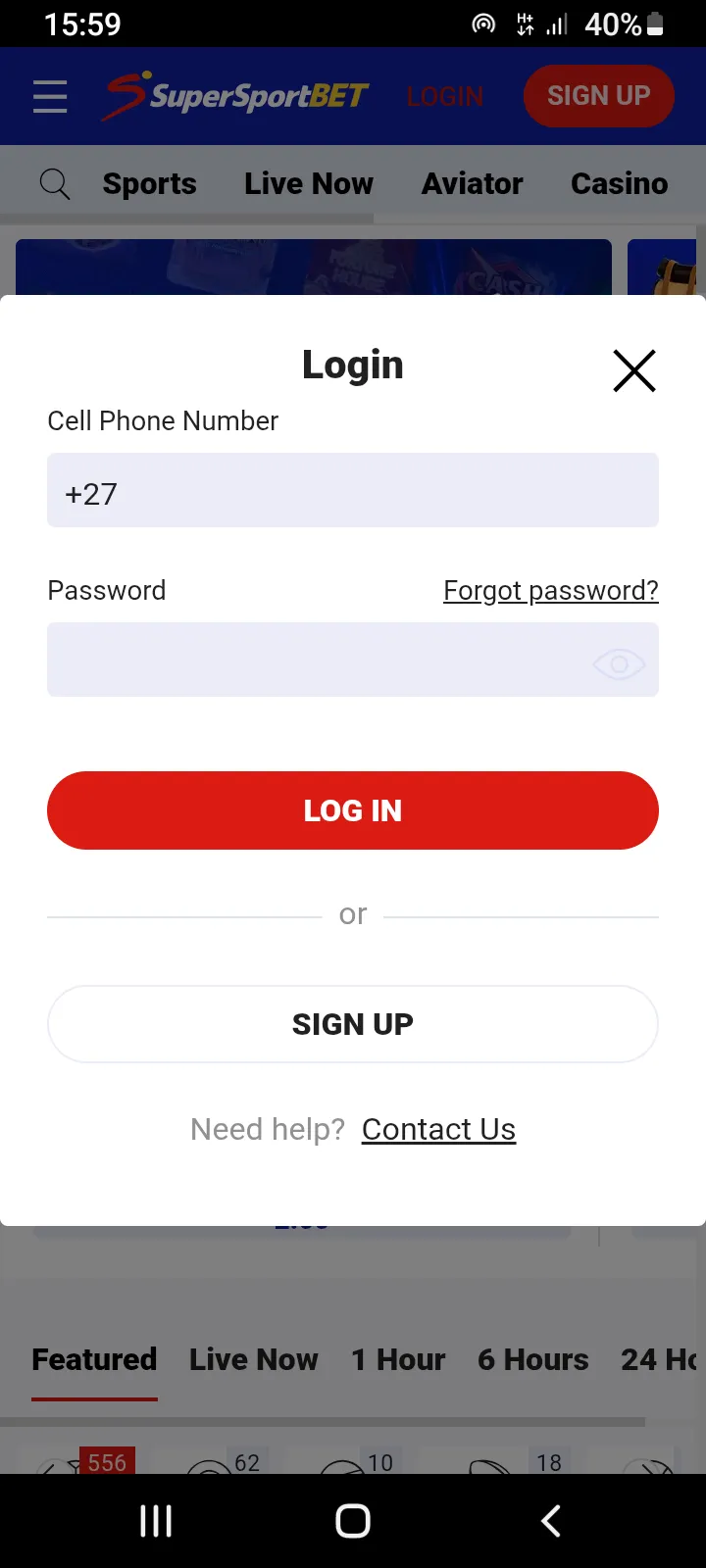 Screenshot showing SuperSportBet App Login