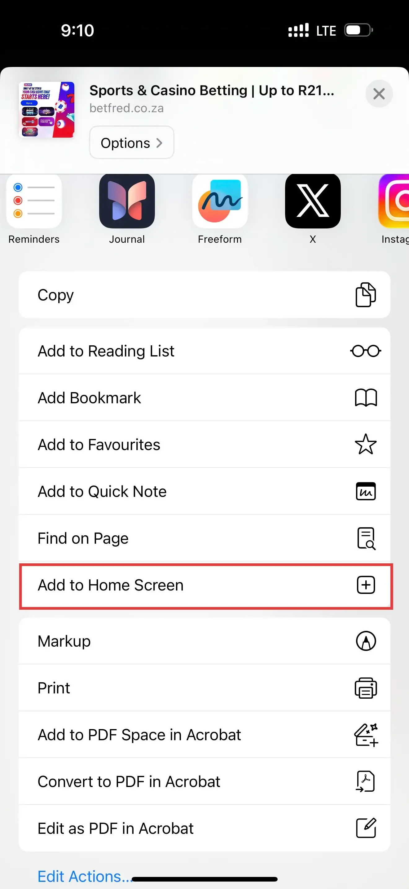 Betfred app download for iOS step 2 on Safari with "Add to Home Screen" highlighted on the browser menu