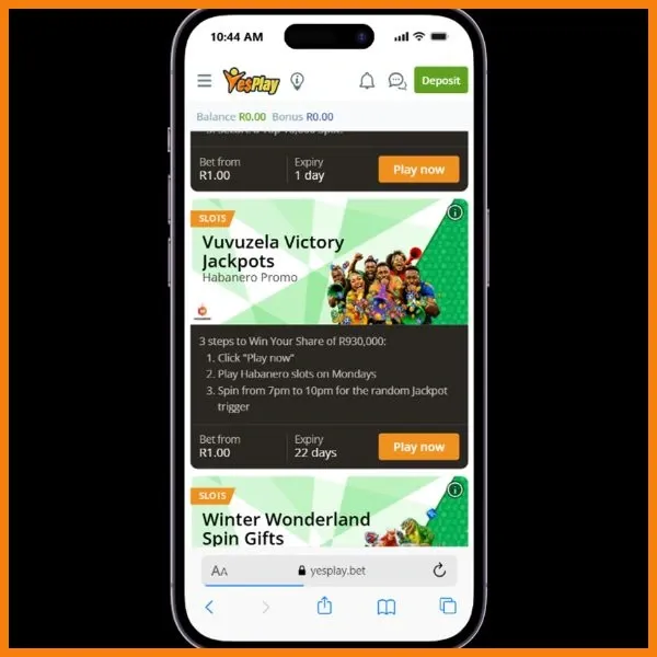 Yesplay Vuvuzela victory promotional banner on mobile site offering R30,000 cash prize pool every day in July 2026.