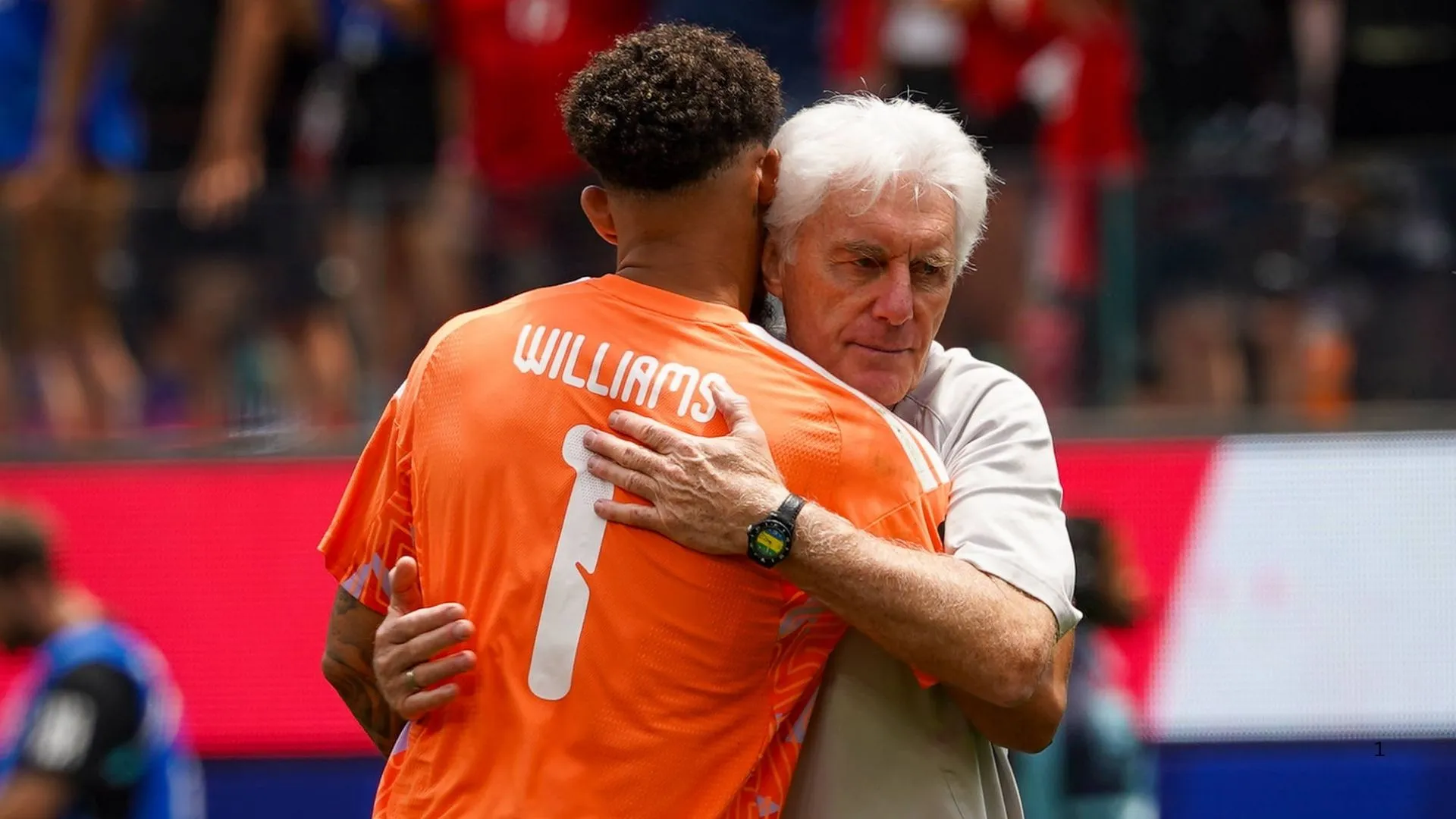 Hugo Broos and Bafana goalkeeper Ronwen Williams at the 2026 World Cup.